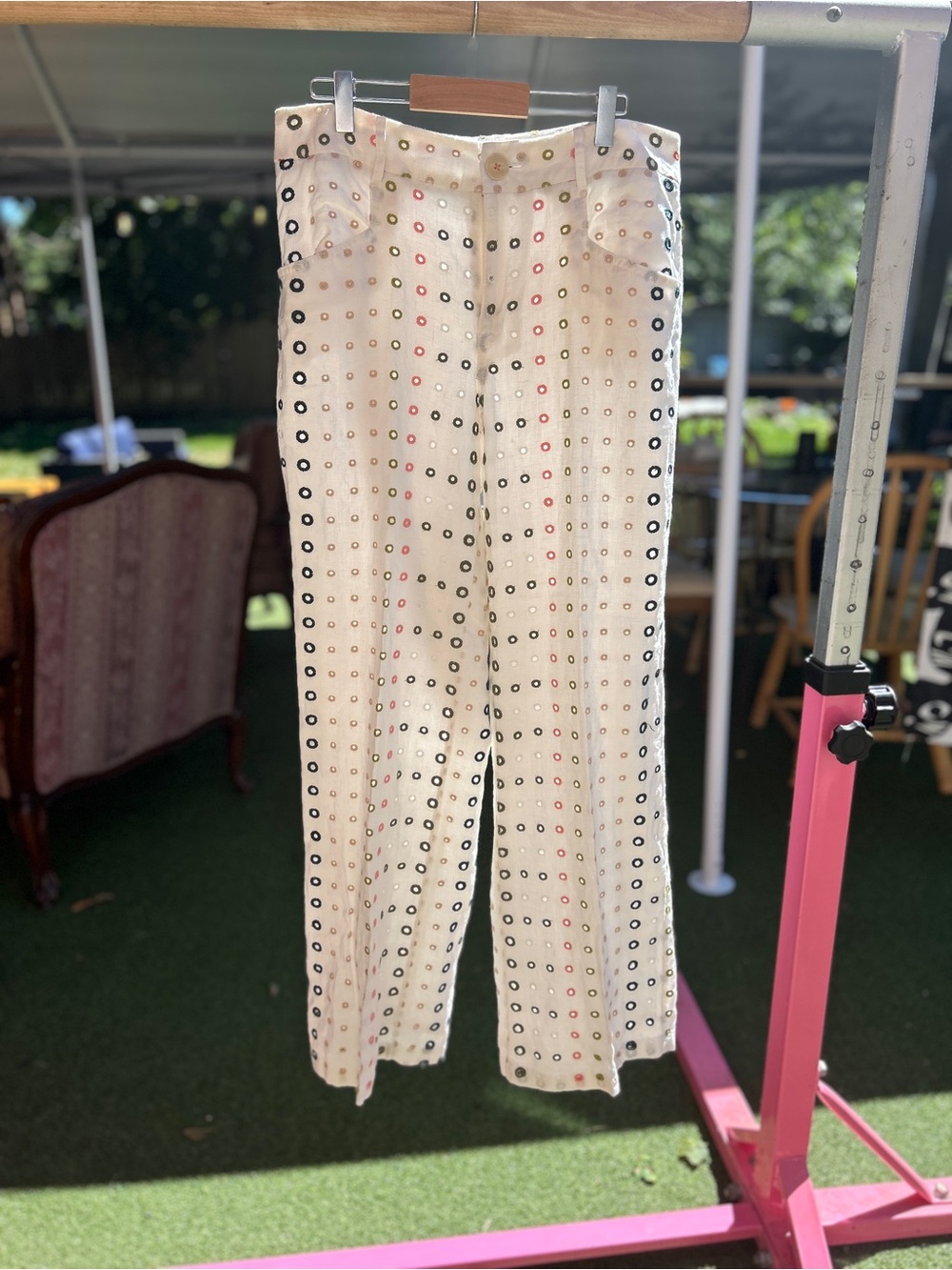 Anthropologie Cream Wide-Leg Eyelet Dot Pants with Black & Red Accents
